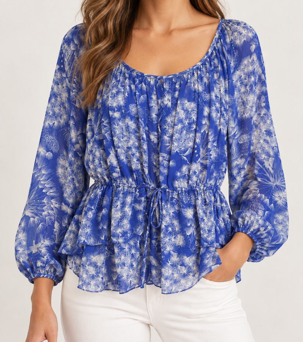 Rebecca Taylor Silk Blend Blouse Blue Floral Peasant Balloon Sleeve Boho Size 8
